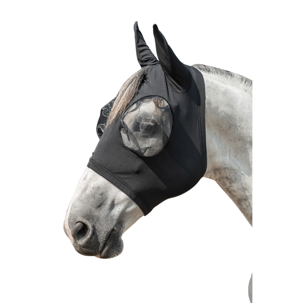 Masque Anti-Mouches Équitation Cheval Noir - Protection UV, Oreilles Et Yeux, Anti-Moustiques