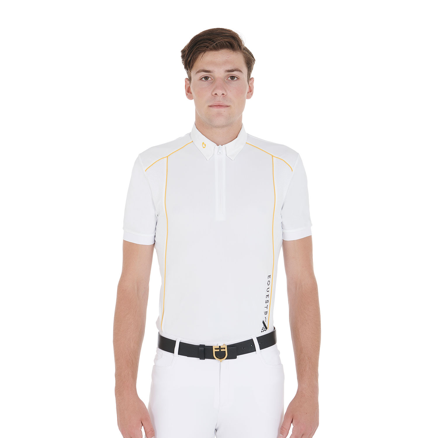 Polo de concours Homme Manches Courtes avec Zip Equestro Blanc / jaune