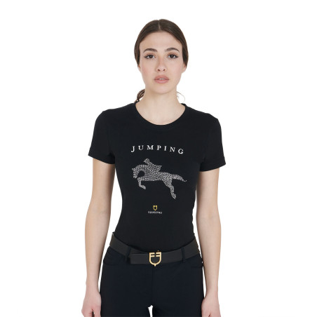 T-shirt femme slim fit saut d'obstacles avec strass Equestro