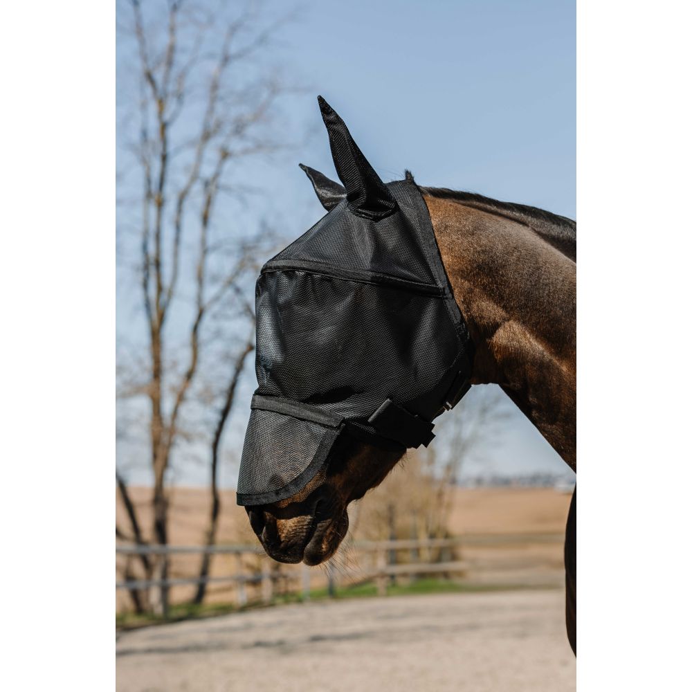 Masque Anti-Mouches Pour Cheval Avec Protection UV Et Cache-Oreilles - Modèle Noir, Maille Translucide, Conception Anatomique