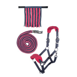 Set de licol HKM mousqueton anti-paniques franges détachables Gris / rose foncé Set de licol HKM mousqueton anti-paniques franges détachables Gris / rose foncé