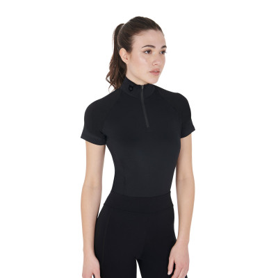 Base layer ajusté manches courtes femme en tissu technique Equestro Noir / émeraude