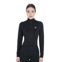 Base layer ajusté manches longues femme en tissu technique Equestro Noir / émeraude