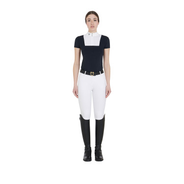 Polo de concours ajusté manches courtes femme Mariam Equestro Marine / blanc Bleu