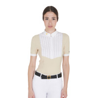 Polo ajusté en coton plissé manches courtes femme Equestro Beige