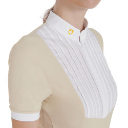 Polo ajusté en coton plissé manches courtes femme Equestro Beige Polo ajusté en coton plissé manches courtes femme Equestro Beige