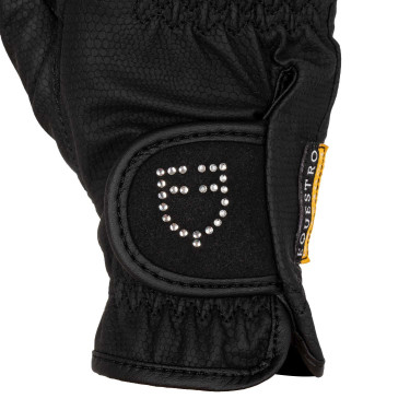 Gants femme en tissu technique doux avec logo en strass Equestro Noir