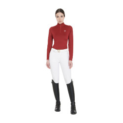 Base layer ajusté manches longues femme en tissu technique Equestro Bordeaux / blanc