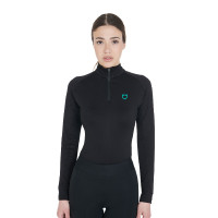 Base layer ajusté manches longues femme en tissu technique Equestro Noir / émeraude