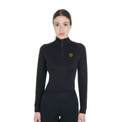 Base layer ajusté manches longues femme en tissu technique Equestro Noir / jaune