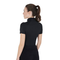 Base layer ajusté manches courtes femme en tissu technique Equestro Noir / émeraude