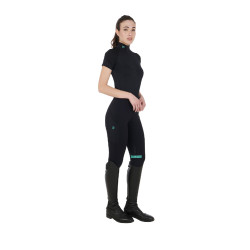 Base layer ajusté manches courtes femme en tissu technique Equestro Noir / émeraude