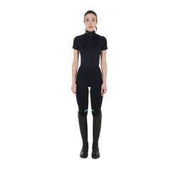 Base layer ajusté manches courtes femme en tissu technique Equestro Noir / émeraude