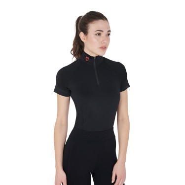 Base layer ajusté manches courtes femme en tissu technique Equestro Noir / rouge