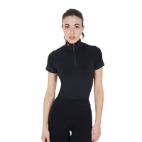 Base layer ajusté manches courtes femme en tissu technique Equestro Noir / rouge