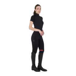 Base layer ajusté manches courtes femme en tissu technique Equestro Noir / rouge