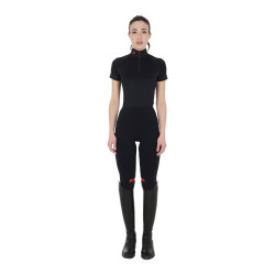 Base layer ajusté manches courtes femme en tissu technique Equestro Noir / rouge