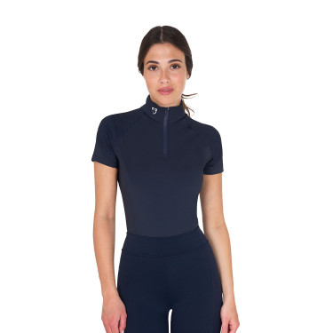 Base layer ajusté manches courtes femme en tissu technique Equestro Marine blazer / blanc Bleu marine