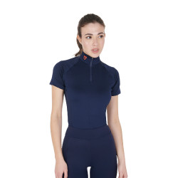 Base layer ajusté manches courtes femme en tissu technique Equestro Marine / rouge Bleu