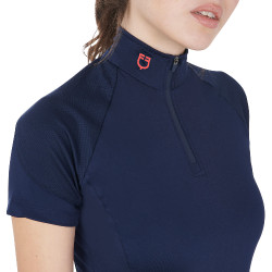 Base layer ajusté manches courtes femme en tissu technique Equestro Marine / rouge Bleu