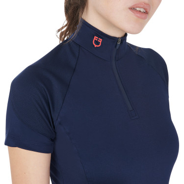 Base layer ajusté manches courtes femme en tissu technique Equestro Marine / rouge Bleu