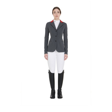 Veste de concours à 3 boutons femme Elegance Equestro Gris / bordeaux