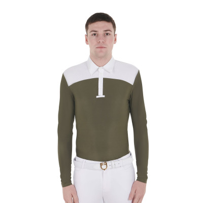 Polo de concours Homme Manches Longues avec Boutons Equestro Blanc / lierre vert