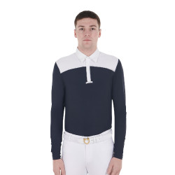Polo de concours Homme Manches Longues avec Boutons Equestro Blanc / marine blazer Bleu marine