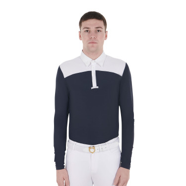 Polo de concours Homme Manches Longues avec Boutons Equestro Blanc / marine blazer Bleu marine