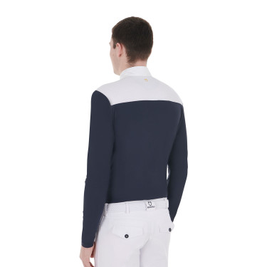 Polo de concours Homme Manches Longues avec Boutons Equestro Blanc / marine blazer Bleu marine