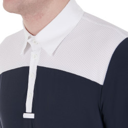 Polo de concours Homme Manches Longues avec Boutons Equestro Blanc / marine blazer Bleu marine