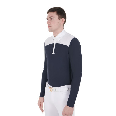 Polo de concours Homme Manches Longues avec Boutons Equestro Blanc / marine blazer Bleu marine