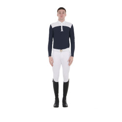 Polo de concours Homme Manches Longues avec Boutons Equestro Blanc / marine blazer Bleu marine