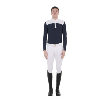 Polo de concours Homme Manches Longues avec Boutons Equestro Blanc / marine blazer Bleu marine