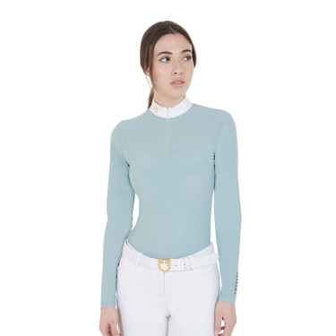 Polo de concours Femme Manches Longues en Tissu Technique et Mesh Equestro Brume grise Bleu
