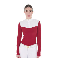 Polo de concours Femme Manches Longues en Tissu Technique et Mesh Equestro Brume grise Bleu