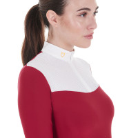 Polo de concours Femme Manches Longues en Tissu Technique et Mesh Equestro Brume grise Bleu