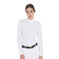 Polo de concours Femme Manches Longues avec Plis en Coton Equestro Blanc