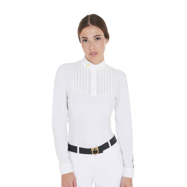 Polo de concours Femme Manches Longues avec Plis en Coton Equestro Blanc