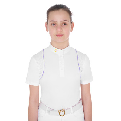 Polo de concours cintré pour filles avec boutons Equestro Blanc / violet dahlia