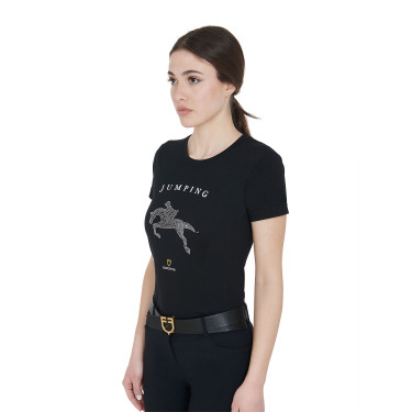 T-shirt femme slim fit saut d'obstacles avec strass Equestro Noir T-shirt femme slim fit saut d'obstacles avec strass Equestro Noir