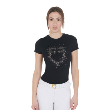 T-shirt femme slim fit rose avec strass Equestro Noir