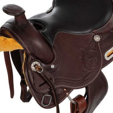 Selle western garnitures en acier inoxydable cuir grainé et estampage floral 2815 Denver Selle western garnitures en acier inoxydable cuir grainé et estampage floral 2815 Denver