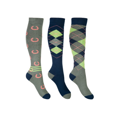 Chaussettes HKM Cardiff par 3 Bleu marine / olive