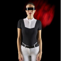 Polo de concours femme Equestro Ridertechnology à manches courtes et boutons Blanc / noir