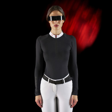 Polo de concours femme Equestro Ridertechnology à manches longues et zip Noir