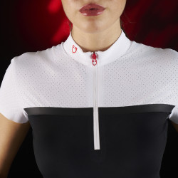 Polo de concours femme Equestro Ridertechnology en tissu perforé Blanc / noir
