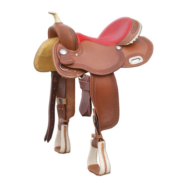 Selle Pool's Barrel 5020 avec siège rouge et garniture en rawhide coloré Selle Pool's Barrel 5020 avec siège rouge et garniture en rawhide coloré