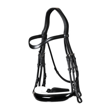 Bride Dy'on collection dressage cuir plat Muserolle Large Vernie Doublure Blanche Noir Bride Dy'on collection dressage cuir plat Muserolle Large Vernie Doublure Blanche Noir