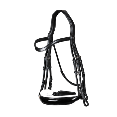 Bride Dy'on collection dressage cuir plat Muserolle Large Vernie Doublure Blanche Bride Dy'on collection dressage cuir plat Muserolle Large Vernie Doublure Blanche